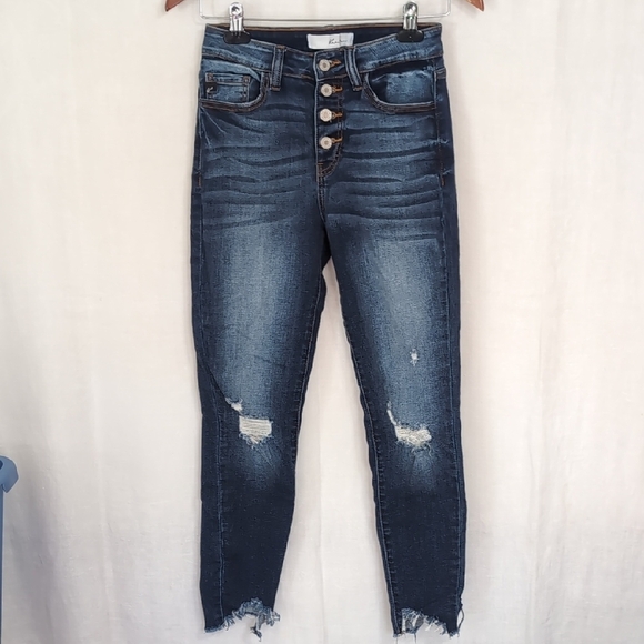 Kancan Dark Wash Faded Button Fly Distressed Ankle Length Jegging Size 5 / 26 - Picture 1 of 5